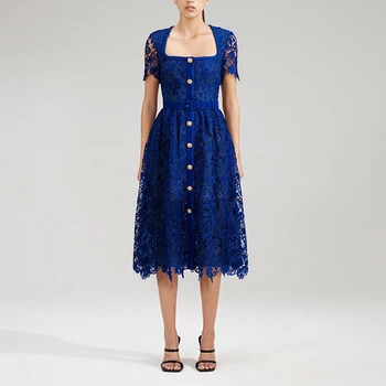 dizaineris nėrinių midi suknelė mėlyna prabanga mygtukai trumpas rankovės elegantiškas-line suknelės su diržu mados femme vestidos