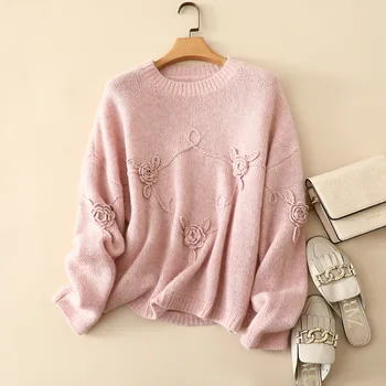 naizaiga 100 kašmyras O-kaklo palaidų montavimo pink gėlių siūlai tirštėti ilgomis rankovėmis žiemos moterų puloveriai moterų megztinis KSN197