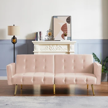 Aksomo sofa kambarį mygtuką kuoduotoji sofa-lova su porankiu aukso kojų