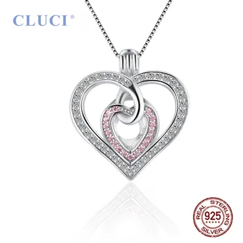 CLUCI Didmeninė 3pcs Romantiška Valentino MEILĖS Širdis Moterų Perlų Pakabukas 925 Sterling Silver Pink CZ 
