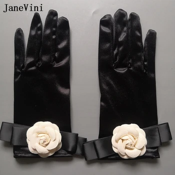JaneVini Gant Noir Femme Juoda Satino Pirštinės Moterims Nuotakos Šalis Trumpas Vestuvių Pirštinės, Camellia Žiedų Pilna Piršto Vakarą Pirštinės