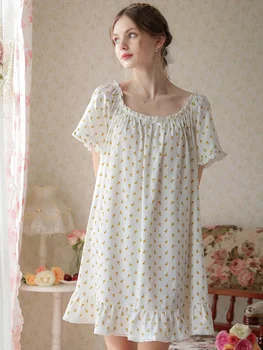 Moterų Viktorijos Pajama Naktį Suknelė Trumpomis Rankovėmis Medvilnės Raukiniai Spausdinti Derliaus Princesė Nightgowns Sleepwear Namų Drabužių 2023 Naujas