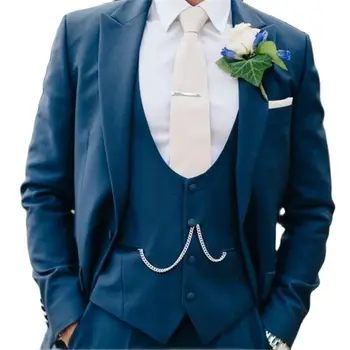 Vestuvių Prom Mėlyna Kostiumai Vyrams 3Pcs(Striukė+Kelnės+Liemenė+Nosinės)Custome Homme Švarkas Kelnės Slim Fit Šalies Dėvėti Drabužiai